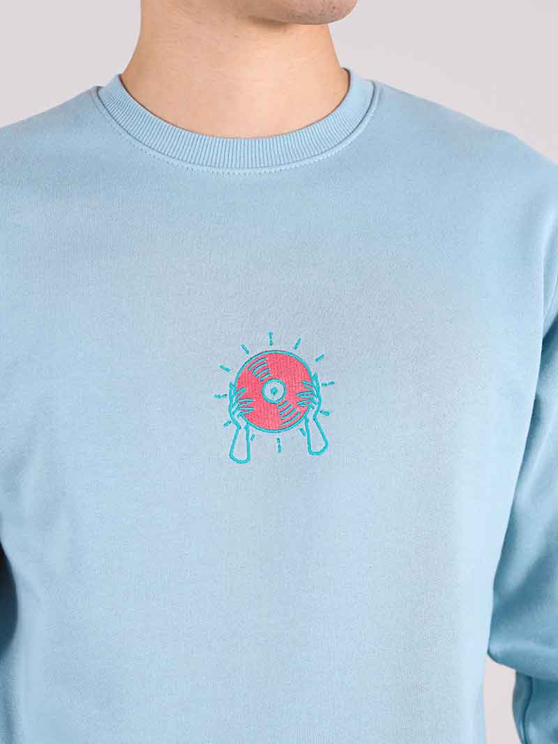 Disco Cult Embroidered Mens Sweatshirt, Organic Cotton, in Light Blue